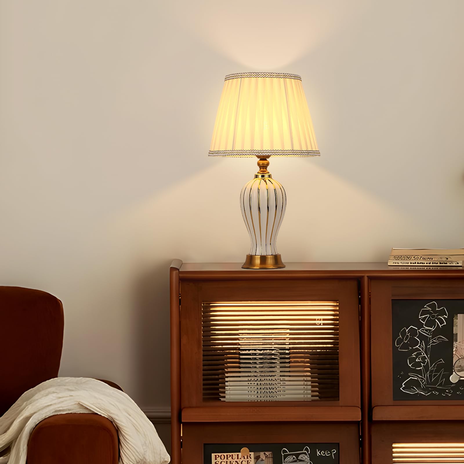 LáMpara De Mesa Moderna E27 LáMpara Nocturna De CeráMica Retro LáMpara De Mesa De Tela Blanca IluminacióN Decorativa De La Sala De Estar Dormitorio Estudio Lectura LáMpara De Cabecera (Blanca)