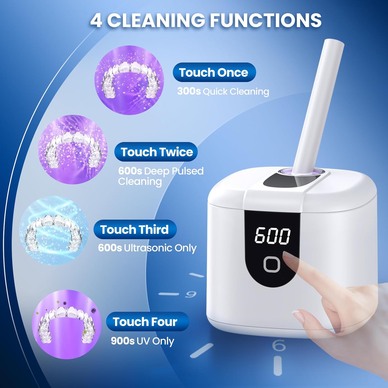 Ultrasonic Retainer Cleaner Machine, Upgraded 45kHz Denture Cleaner for Mouth Guard Braces, Night Guards, Toothbrush Heads & Jewlery with 200ML, 4 Modes and Digital Timer Dental Cleaning Pod(White) - Image 4