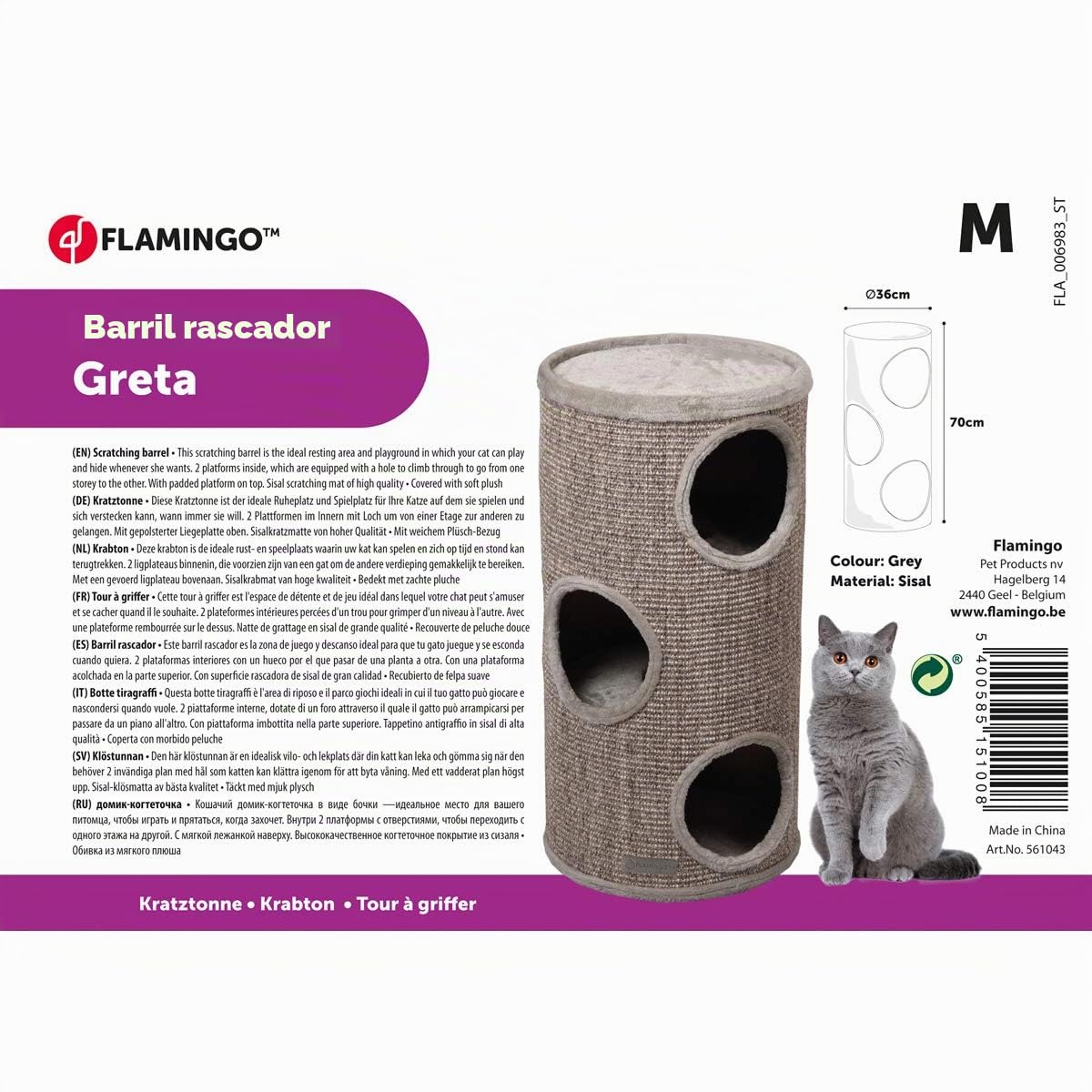 Rascador para Gatos – Torre para Gatos Flamingo Greta – 36x36x70 cm – Torre Estable con 3 Pisos, Cojines Suaves y Superficie de sisal