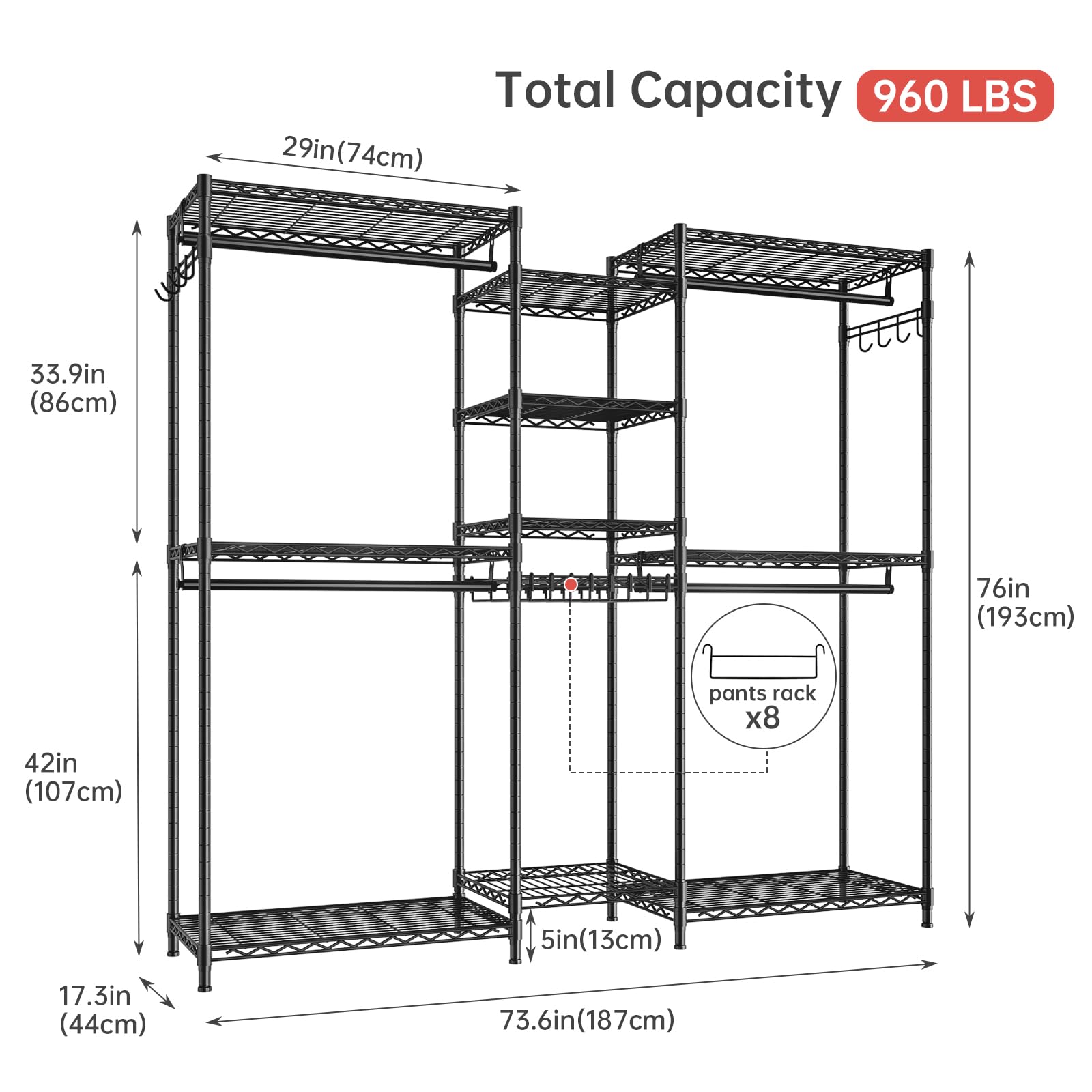 Burro de Ropa Ajustable con Estantes y Barras para Ropa | Capacidad de carga de 435 kg, Con Ganchos, Negro, 187 × 44 × 193 cm