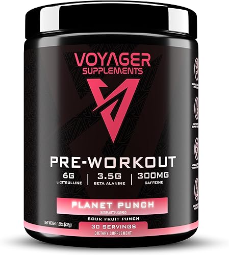 Voyager Pre-Workout Planet Punch - Polvo sin creatina con L-citrulina, beta-alanina, cafeína - Apoya energía, resistencia y concentración - 30