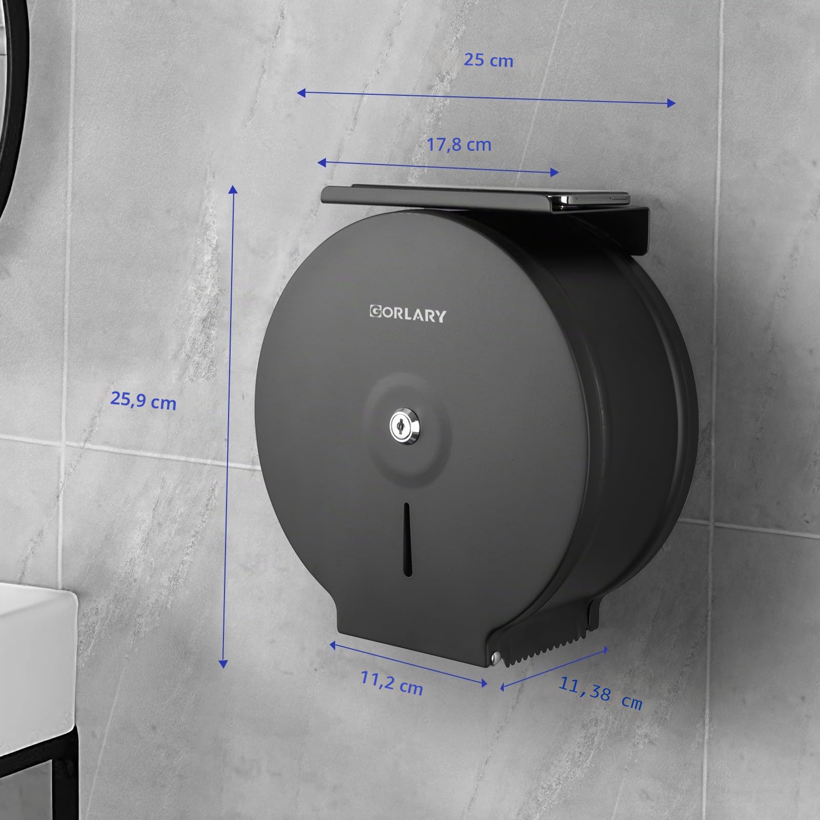 Distributeur de Papier Toilette Jumbo Commercial, Support Mural en Acier Inoxydable, 22,9 cm, Distributeur de Papier Toilette avec clé de Verrouillage (Noir)