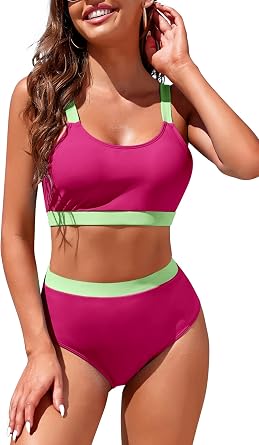 Womens High Waisted Bikini Set Color Block Sporty Crop Top Bathing Suits | Color Block,Tummy Control,scoop neck,vintage,two piece swimwear
