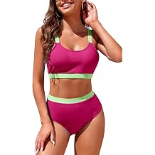 Womens High Waisted Bikini Sets Sporty Crop Top Color Block Swimwear Bandeau Scoop Neck Vintage Two Piece Bathing Suits