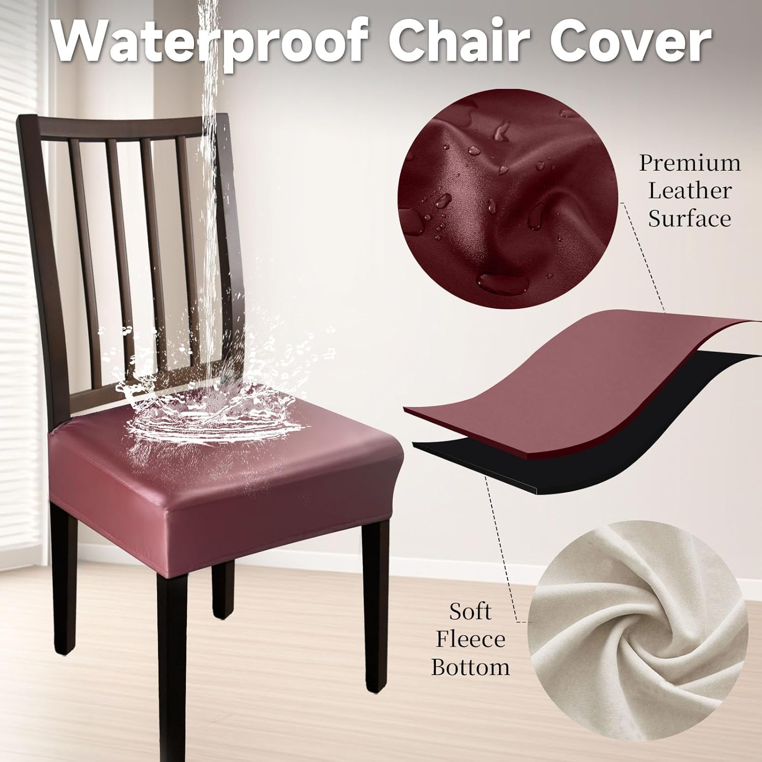 Leather Seat Covers Dining Chairs Waterproof Kitchen Chair Seat Covers set of 4, Wipeable 4-Sided Super Elastic PU Chair Covers Dining Chairs for Dining/Kitchen Room and Dust Resistant(Red, 4PCS)