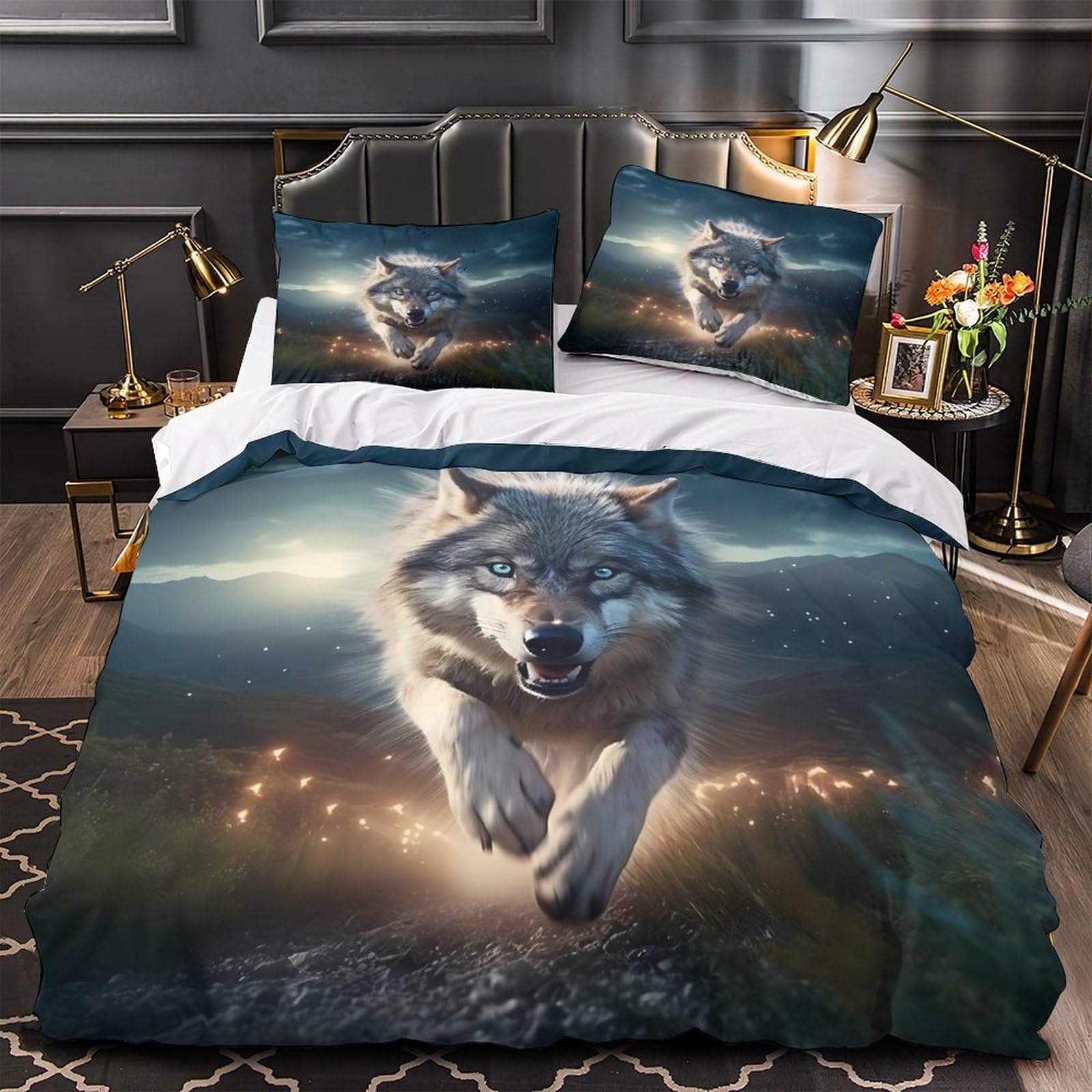 Housse de couette loup 3D 140x200 parure lit microfibre ado
