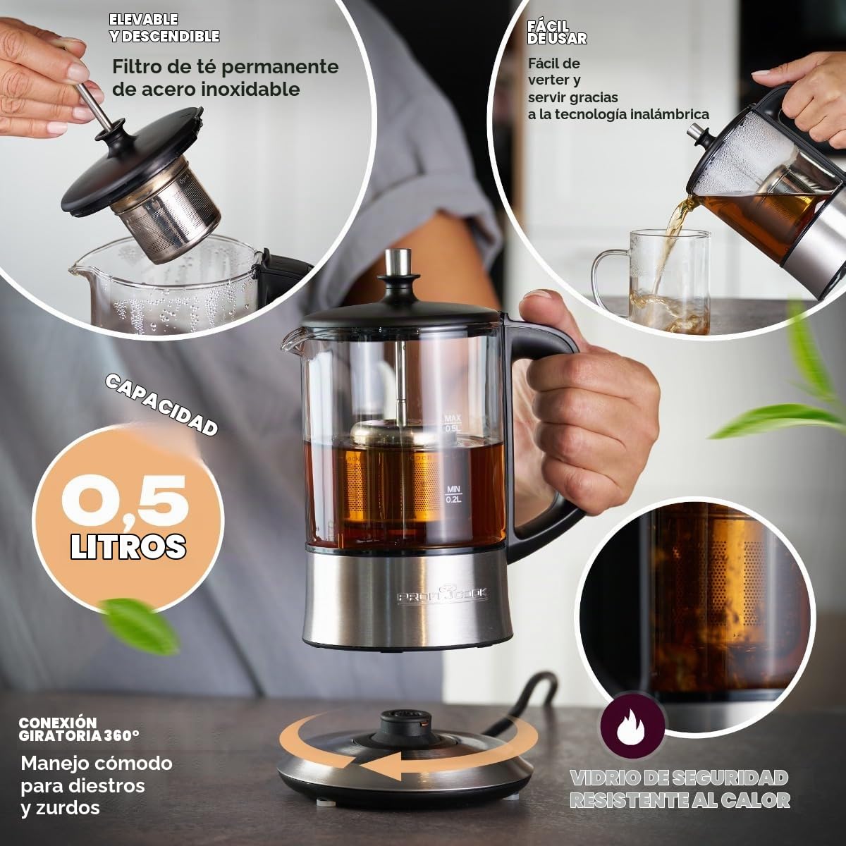 Profi Cook PC-TK 1165 1165-2 - Hervidor de agua y té (filtro permanente de acero inoxidable, 0,5 L, función de mantenimiento en caliente, carcasa de cristal y acero inoxidable), color negro y plateado