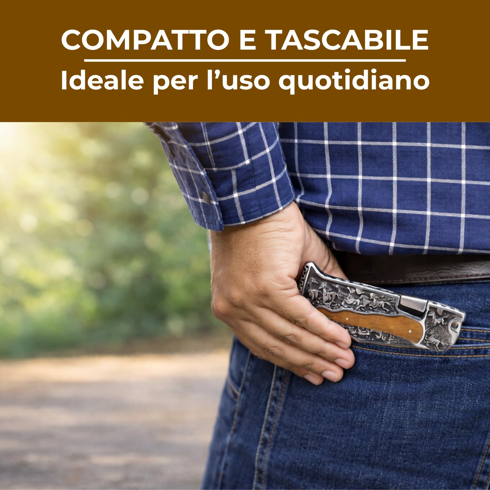 Generico Coltello Pieghevole Tascabile con Manico Effetto Legno, Design Elegante e Decorativo con Cavalli, Compatto e Leggero, Ideale per Uso Quotidiano, Outdoor Leggero e Idea Regalo Uomo