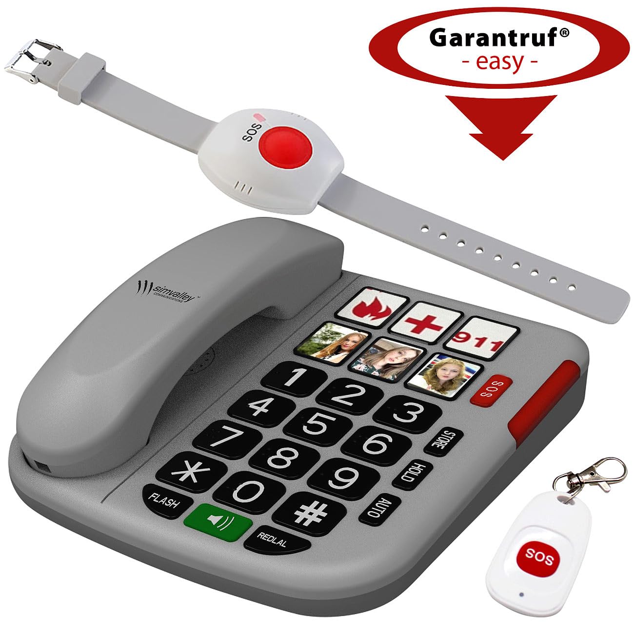 Communications Festnetztelefon: Senioren-Notruf-Telefon, Funk-SOS-Taster & zusätzliches SOS-Armband (Notruftelefon, Tischtelefon)