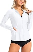SANTINY Women's UPF 50+ Rash Guard Long Sleeve Zip Up Swim Shirt with Pockets - UV Sun Protection Top