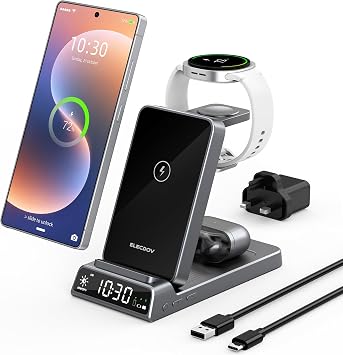 Wireless Charger for Samsung, 3 in 1 Charging Station with Clock
