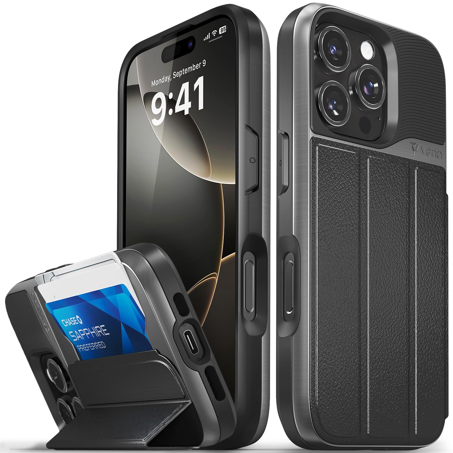 VENA vCommute for iPhone 16 Pro Wallet Case, [Military Grade Drop Protection] Flip Leather Cover Slot Card Holder with Kickstand - Black