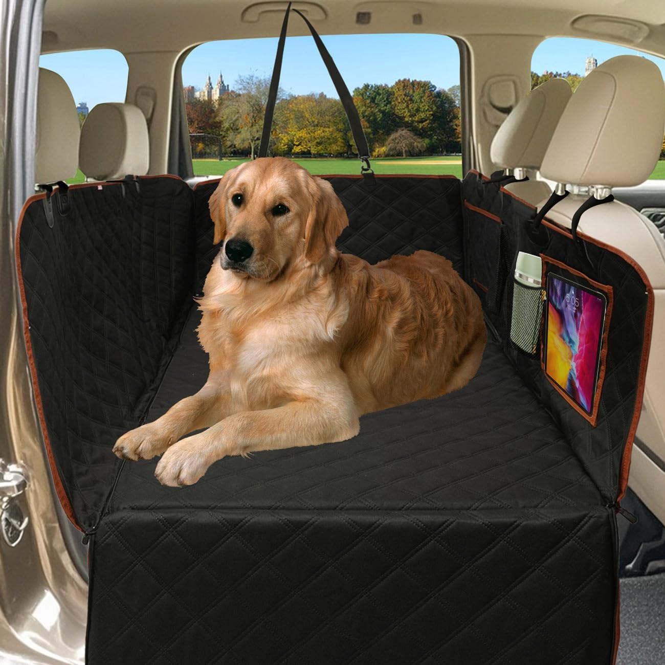 Back Seat Extender for Dogs, Hard Bottom Dog Car Seat Cover for Backseat Support 400lbs, Waterproof Pet Hammock with Mesh Window for SUVs, Cars & Small Trucks