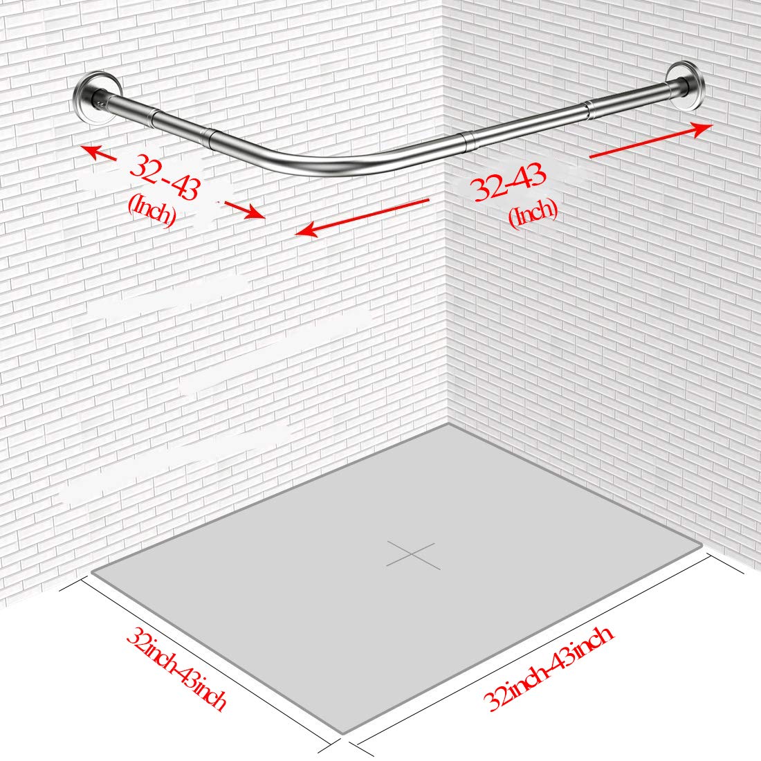 Tringle à rideau de douche d'angle extensible – Installation sans perçage en acier inoxydable 304 en forme de L 81,3 à 109,2 x 81,3 à 109,2 cm, pour salle de bain, magasin de vêtements