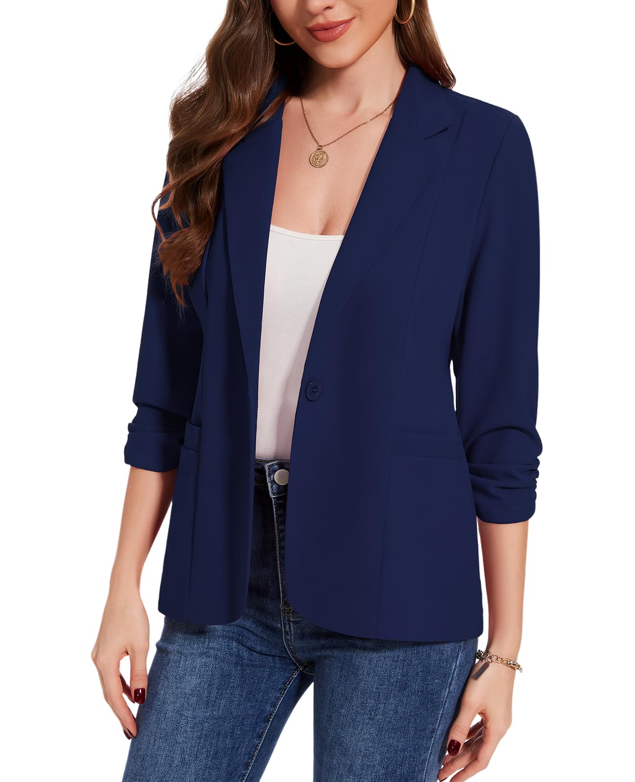 MINTLIMIT Womens Casual Blazers 3 4 Ruched Sleeve One Button Blazer Lapel Collar Business Office Suit Jacket with