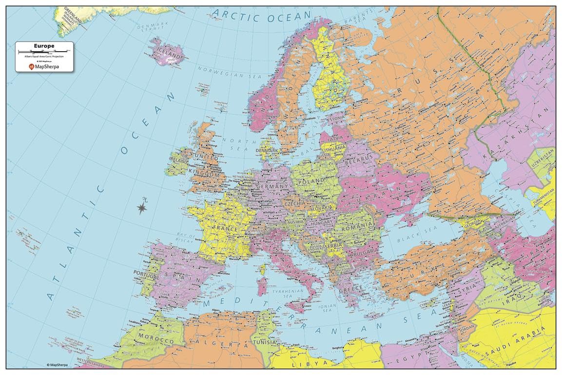 MapSherpa: Europe Political Wall Map - Compact - 61 x 41 cm Poster - Rolled Canvas