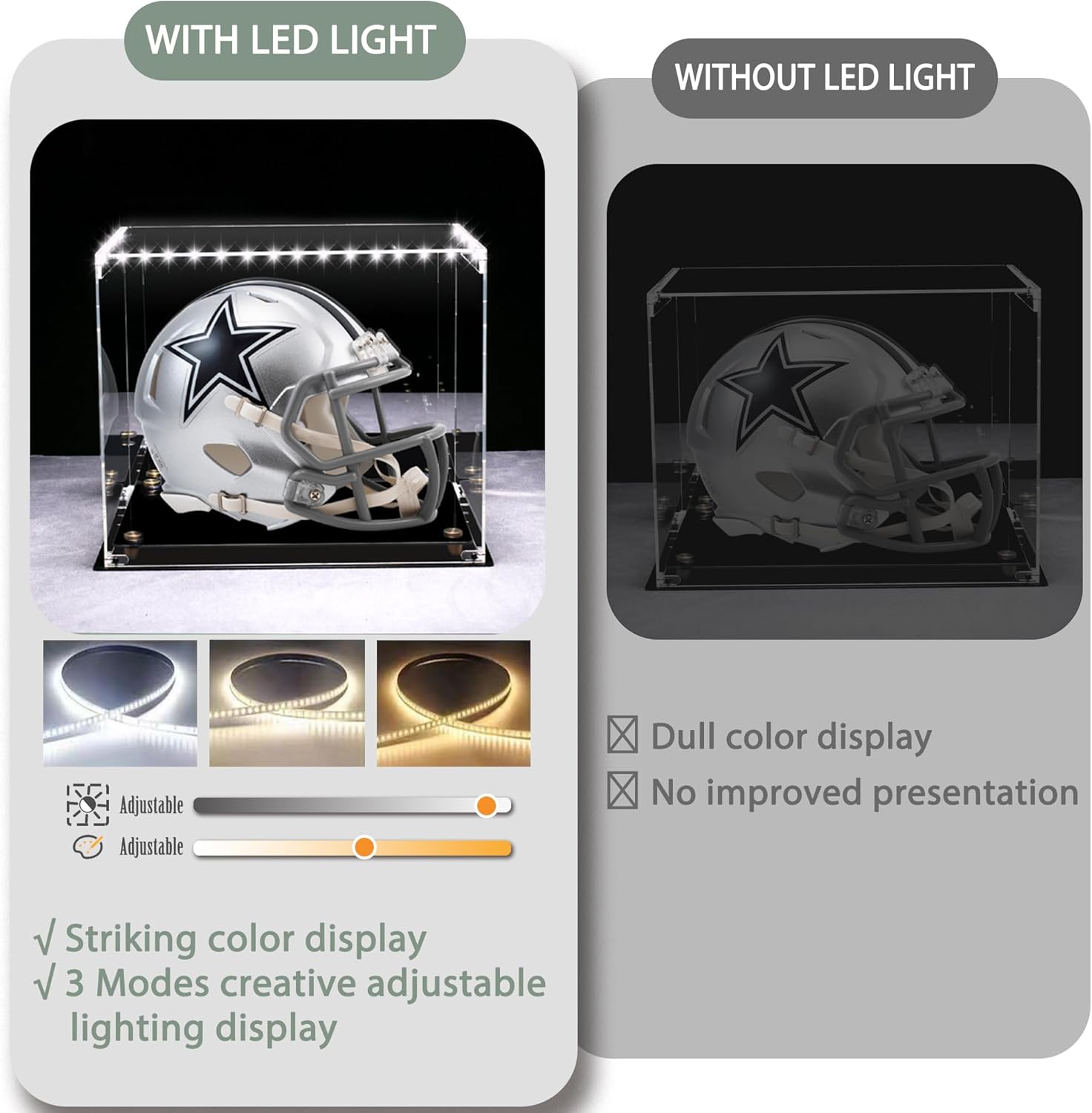 Football Helmet Display Case Full Size - LED Tricolor Light Strip, Mirror Back, Focus On Helmet Display Case.