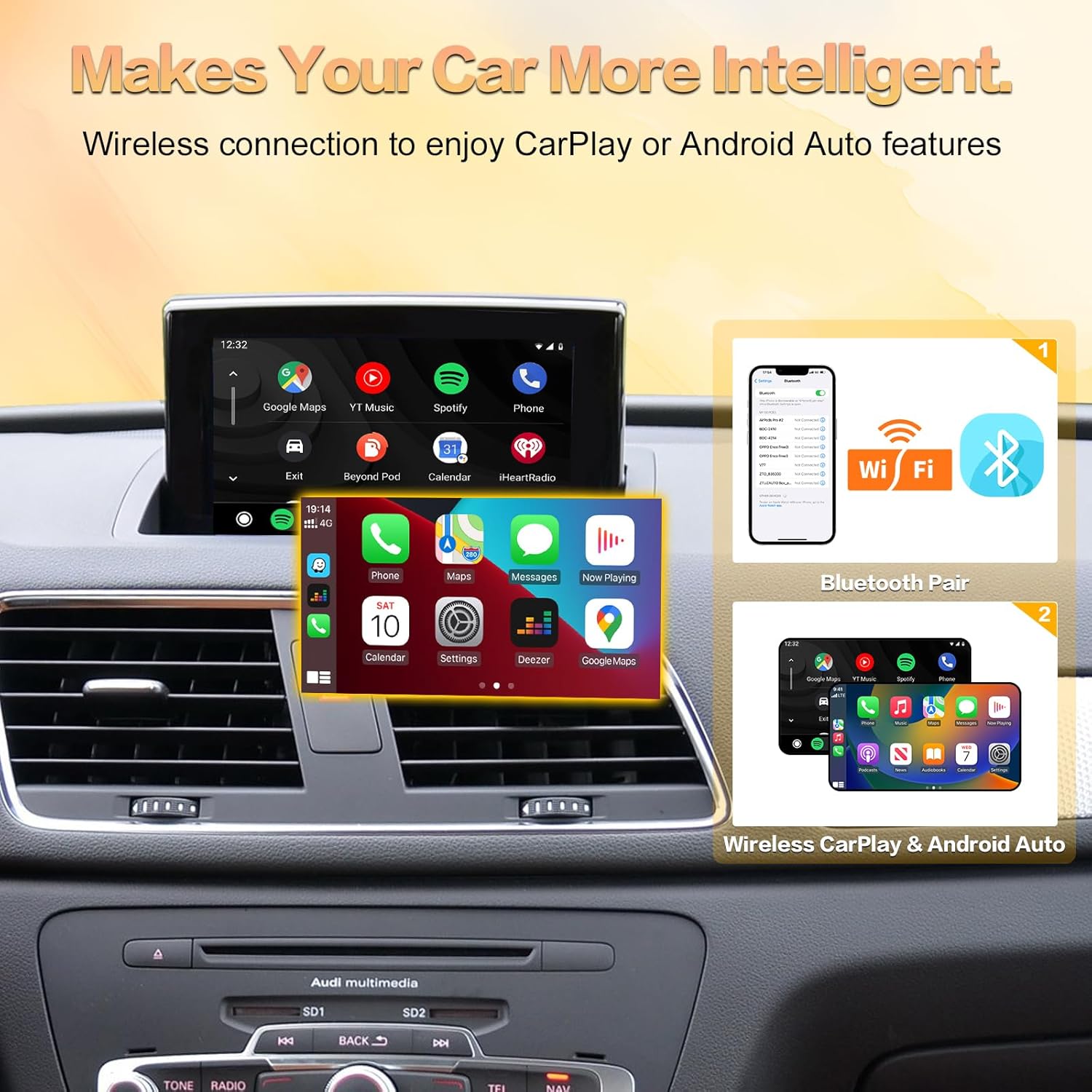Diagram showing wireless CarPlay and Android Auto connection steps via Bluetooth and Wi-Fi