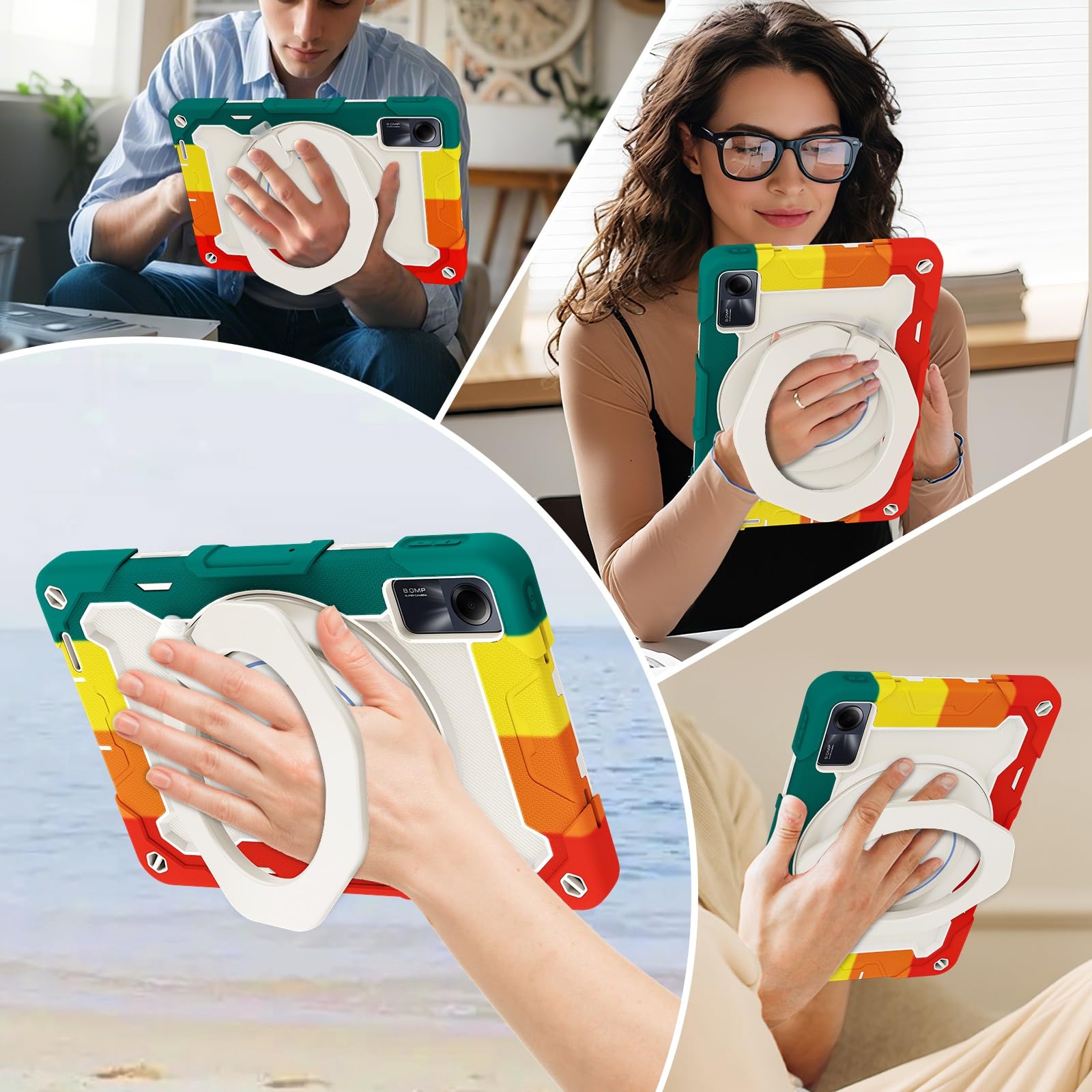 Custodia protettiva resistente per Xiaomi Redmi Pad SE 11" 2023, supporto rotante a 360°, tracolla, portapenne e anello per impugnatura, copertura antiurto, per bambini e adulti (rosso verde)