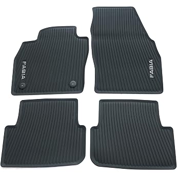 Skoda 6VB061500 Rubber Floor Mats, 4 x Rubber Mats, All-Weather Mats, with Fabia Lettering, Black