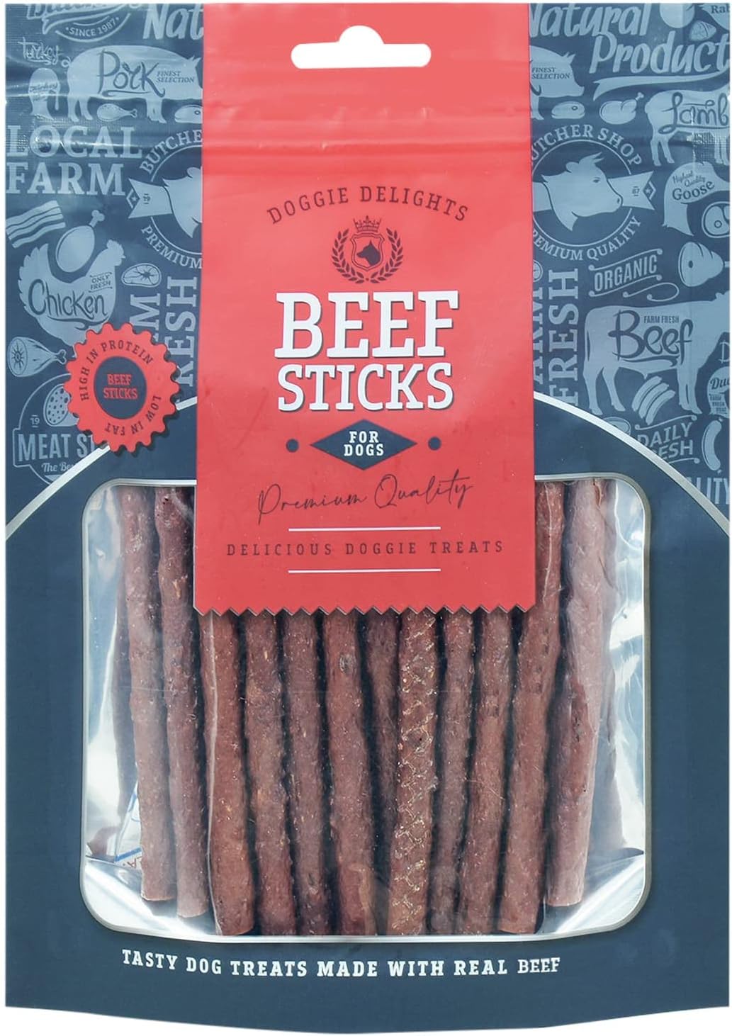 3x Doggie Delights Dog Treats For Dogs Premiam Quality Delicious Doggie Healthy Treats High In Protein Low in Fat Real (3x Beef Stick 190g Each)