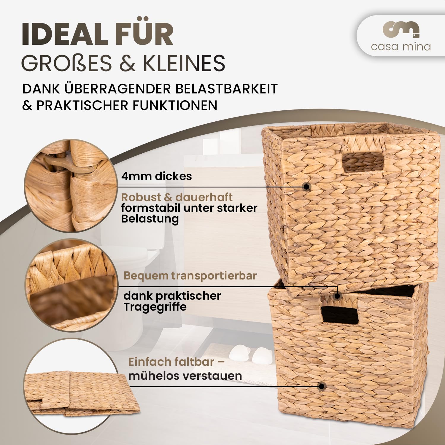 Casa Mina® Aufbewahrungskorb geflochten ideal für alle Regale I Nachhaltiger Seegras Korb geflochten aus Naturmaterial I Flechtkorb mit Griffen I Pflegeleichter, modern geflochtener Korb 31x31x31cm