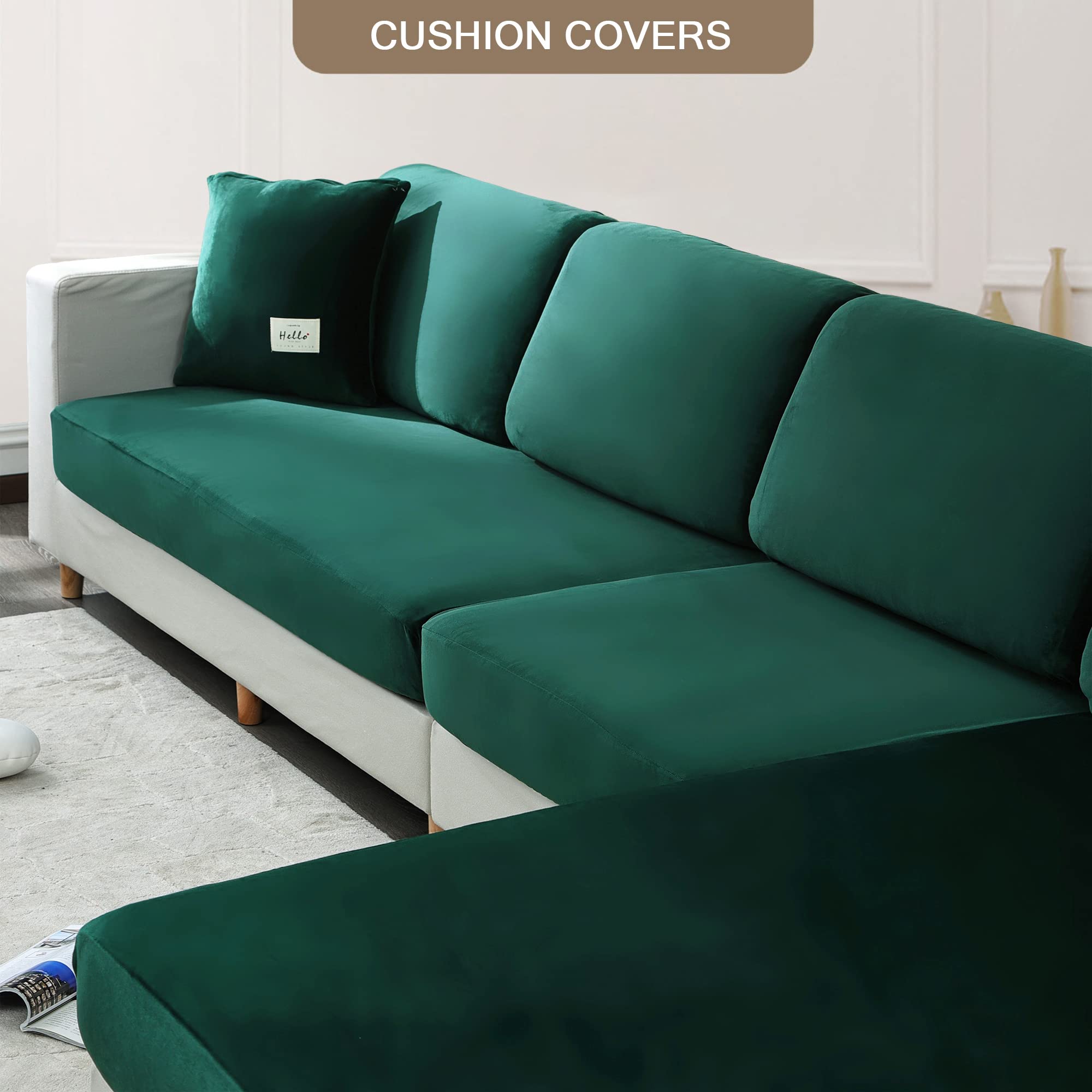PENDEJATO Stretch Couch Cushion Covers, Soft Velvet Seat Covers Back Cushion Slipcovers Furniture Protector with Elastic Bottom (Small, Dark green)