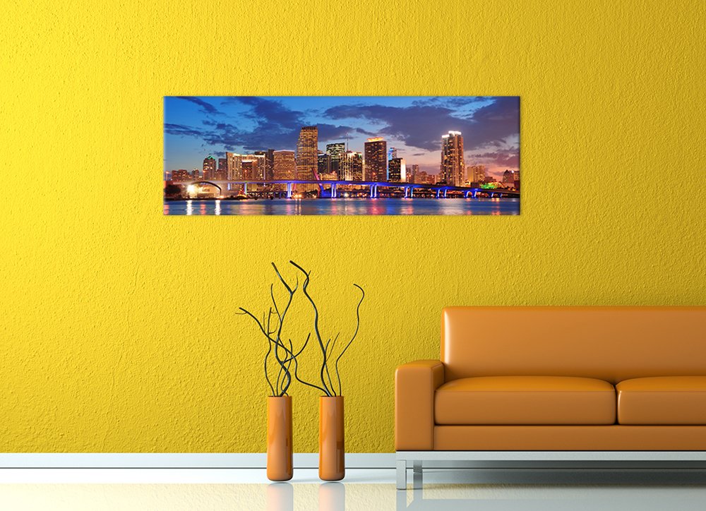 Bilderdepot24 Bild auf Leinwand | Skyline von Miami South Beach - Florida I in 120x40 cm als Panorama Wandbild XXL | Wand-deko Dekoration Wohnung modern Bilder | 171029