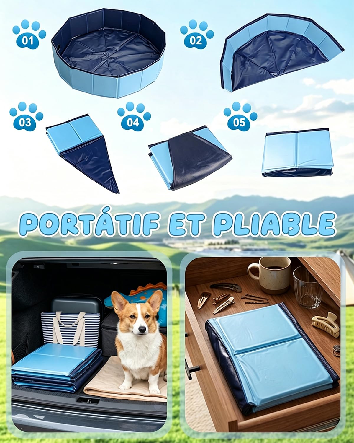 Piscine Chien Pliable et Robuste, Bassin pour Chiens en PVC Antidérapant, Piscine Portable pour Animaux et Enfants, Baignoire Extérieure pour Petit et Grand Chien, Bleu,80 x 20 cm
