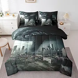 Erosebridal Jogo de cama solteiro Tornado, construção moderna destruída para crianças, adolescentes e adultos, ruína do mundo (edredom + lençol de cima + 2 fronhas + 2 fronhas) conjunto de cama com 7