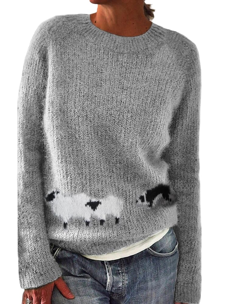 Women Retro Cute Fair Isle Knit Sweater Pullover Winter Fall Warm Geometric Long Sleeve Crewneck Jumper Top Outwear