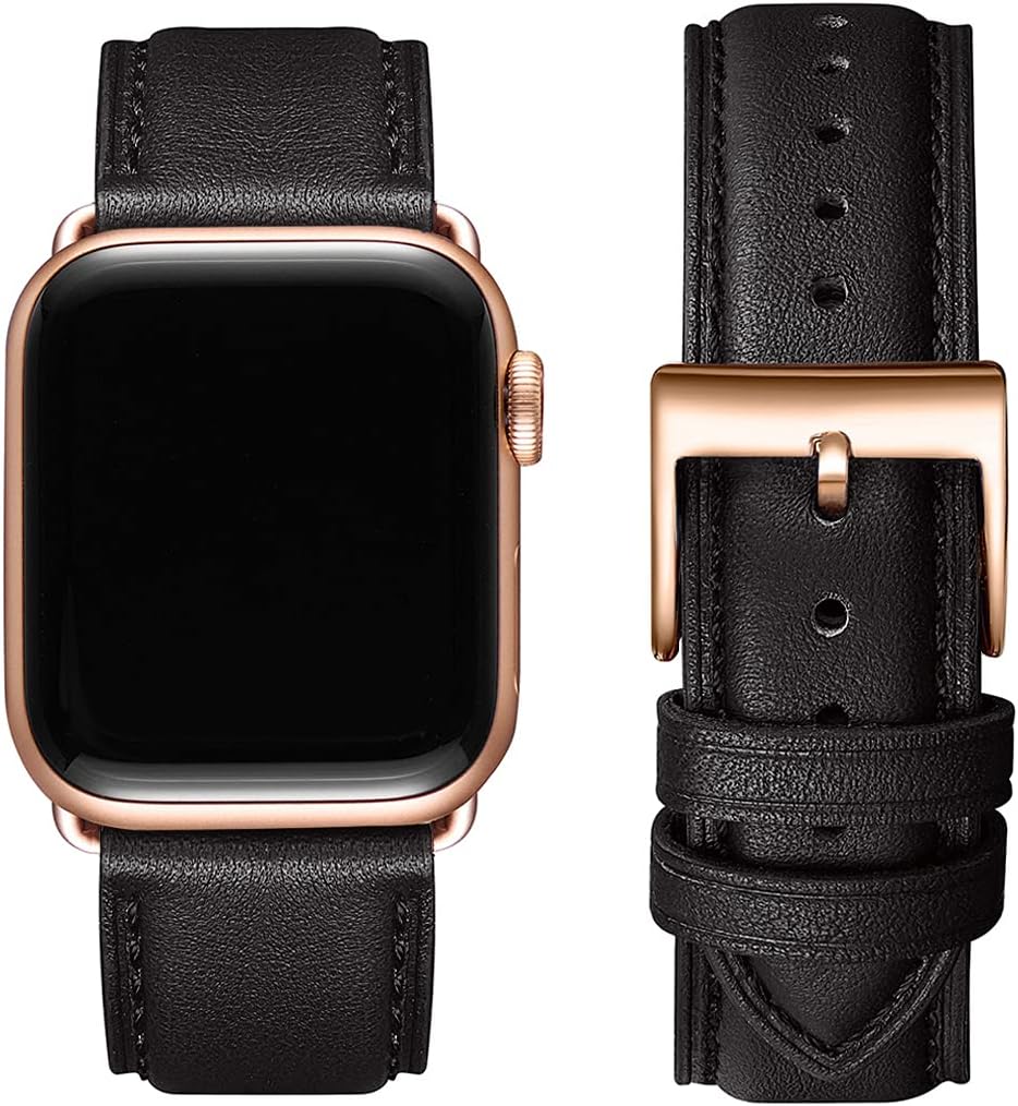 OMIU Square Bands Compatible for Apple Watch 38mm 40mm 42mm 44mmGenuine Leather Replacement Band Compatible with Apple Watch Series 6/5/4/3/2/1, iWatch SE (Black/Rose Gold Connector, 38mm 40mm)