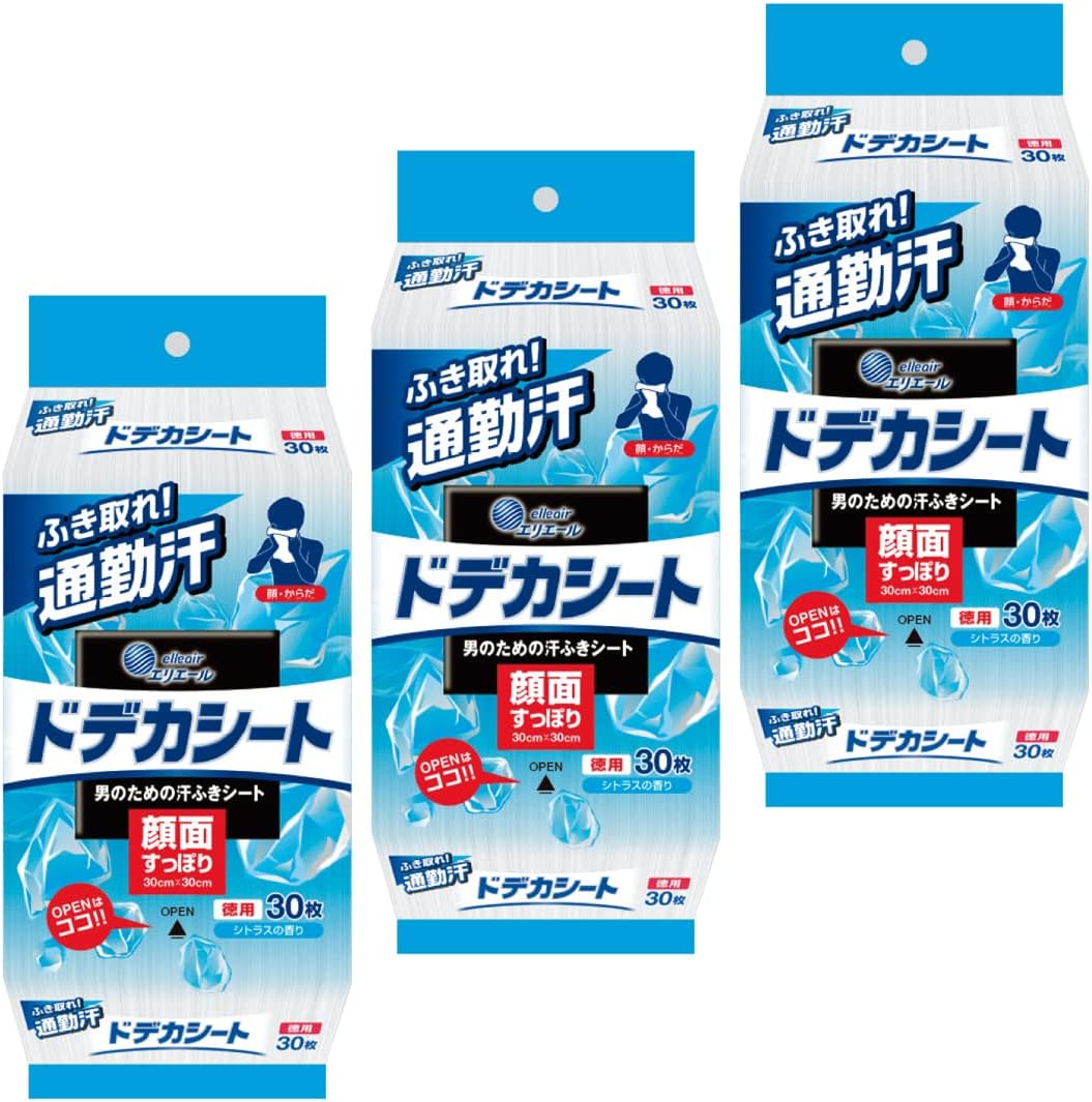 エリエール 汗拭きシート 大判サイズ ドデカシート for MEN 90枚(30枚×3パック) 爽やかなシトラスの香り【まとめ買い】