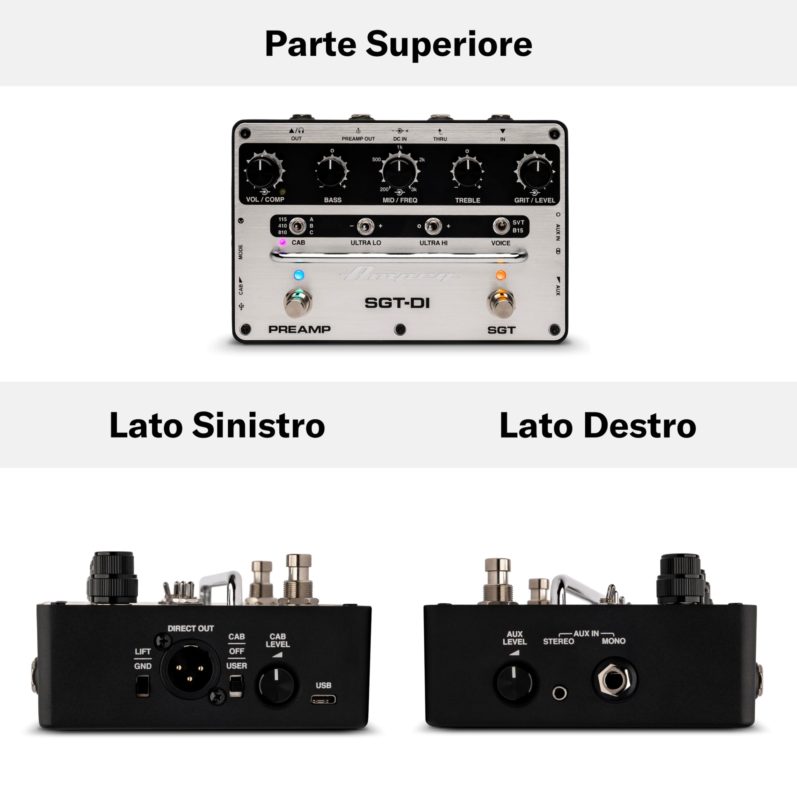 Ampeg SGT-DI Bass Preamp SVT/B15 Footswitch IR Loader 3-Band EQ Variable Mids Compressor Ultra-Hi/Ultra-Lo Black Silver