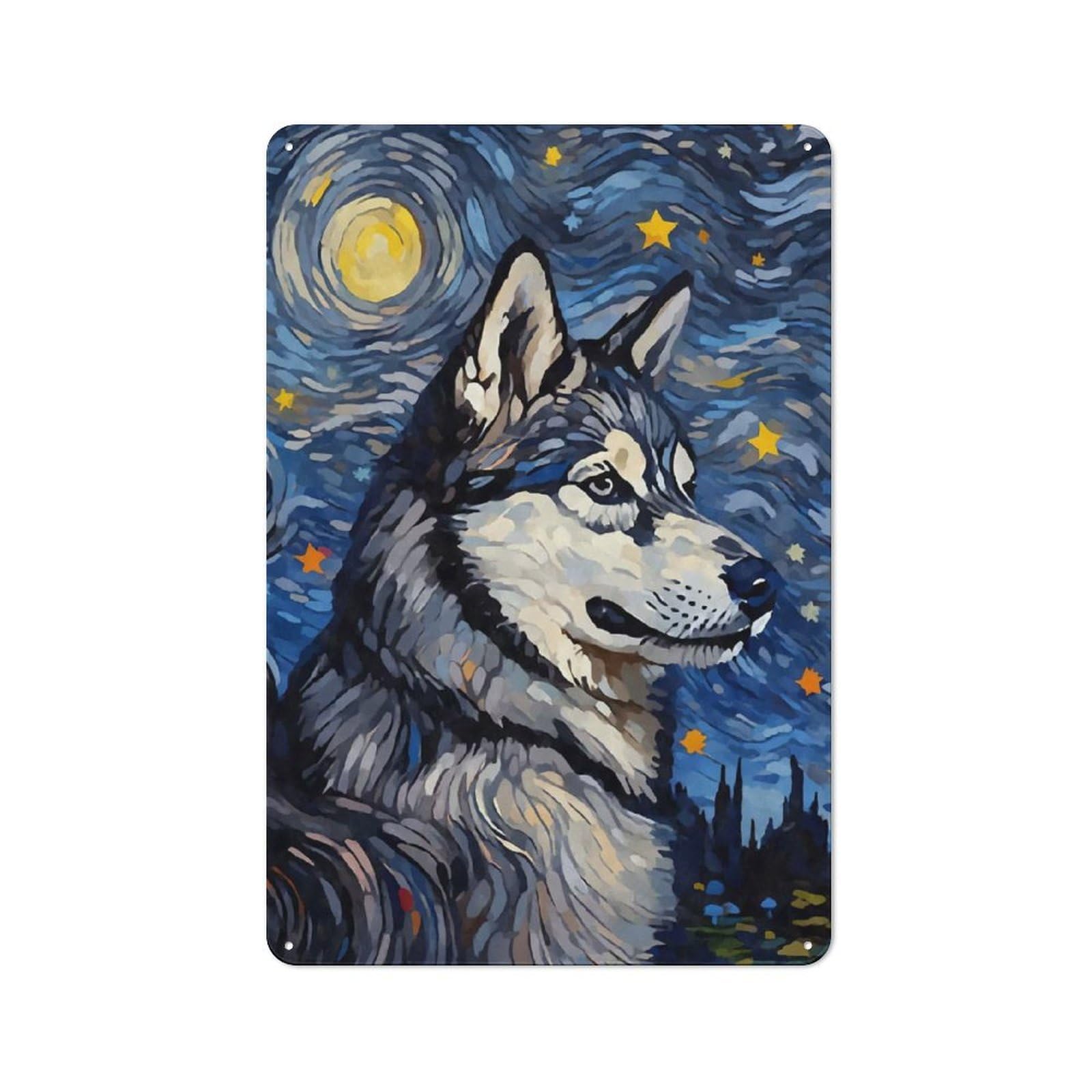 Vintage Tin Sign with Siberian Husky Night Design 30x20cm, Vintage Cafe Wall Decor for Coffee Bar, Kitchen, Bistro Or Tea Corner