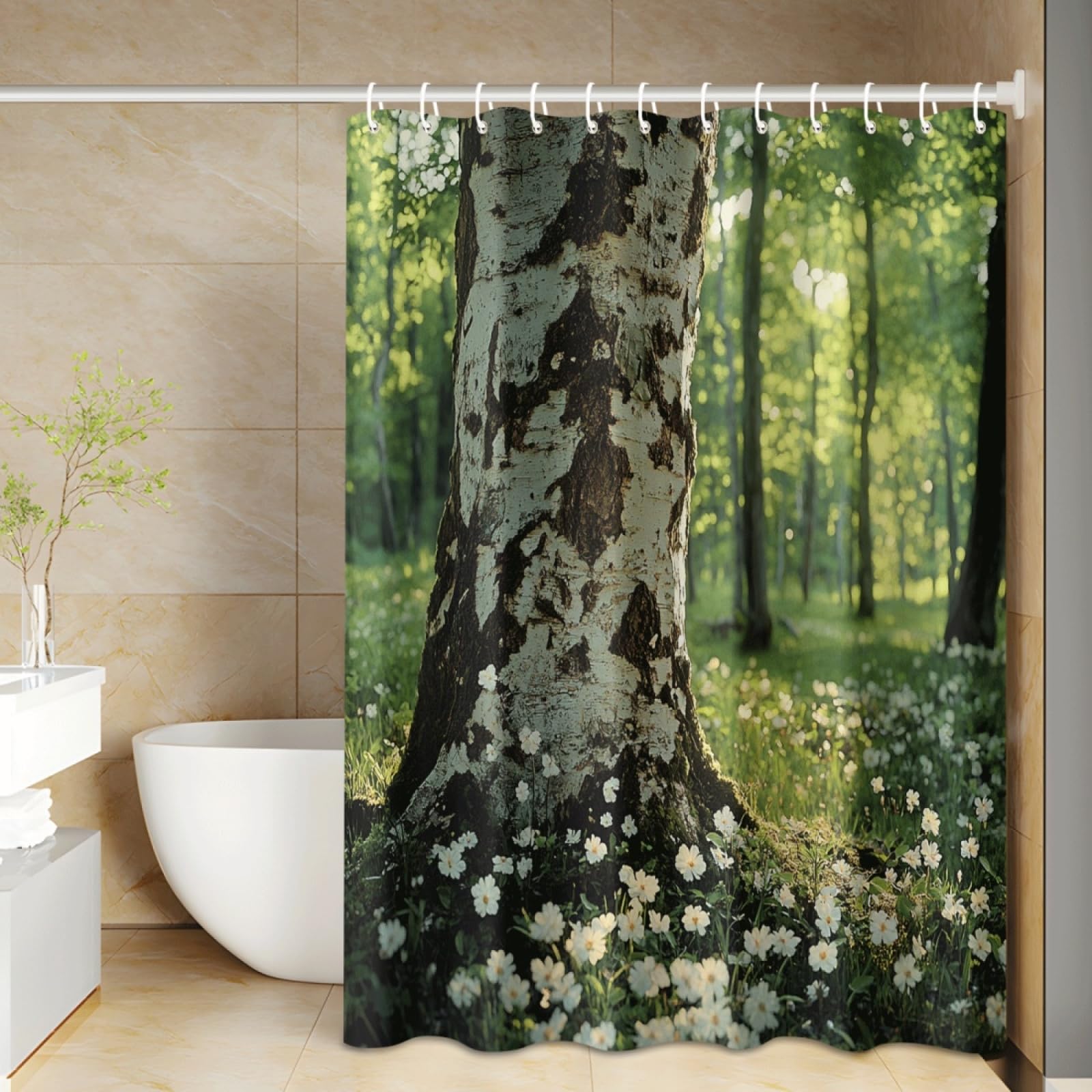 Rideau de douche arbre blanc ivoire en polyester 180x200cm pour baignoire de salle de bain