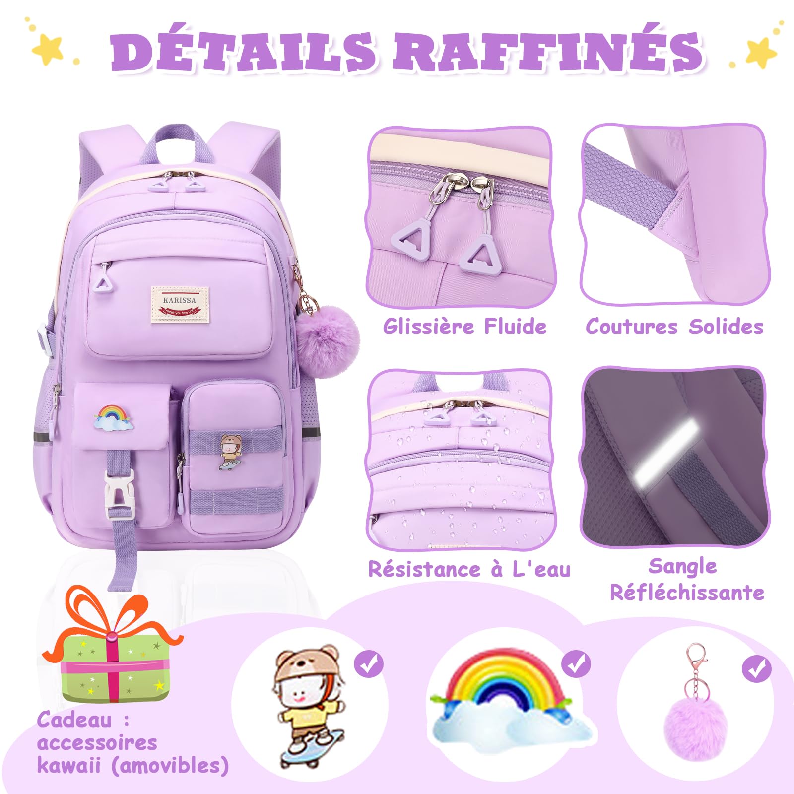 Sisipoet Sac à Dos Fille, Cartable Primaire Fille 10-18 Ans, Sac d'école Respirant Imperméable Nylon, Cartable Enfant avec Accessoires, Léger Confortable pour École et Voyage