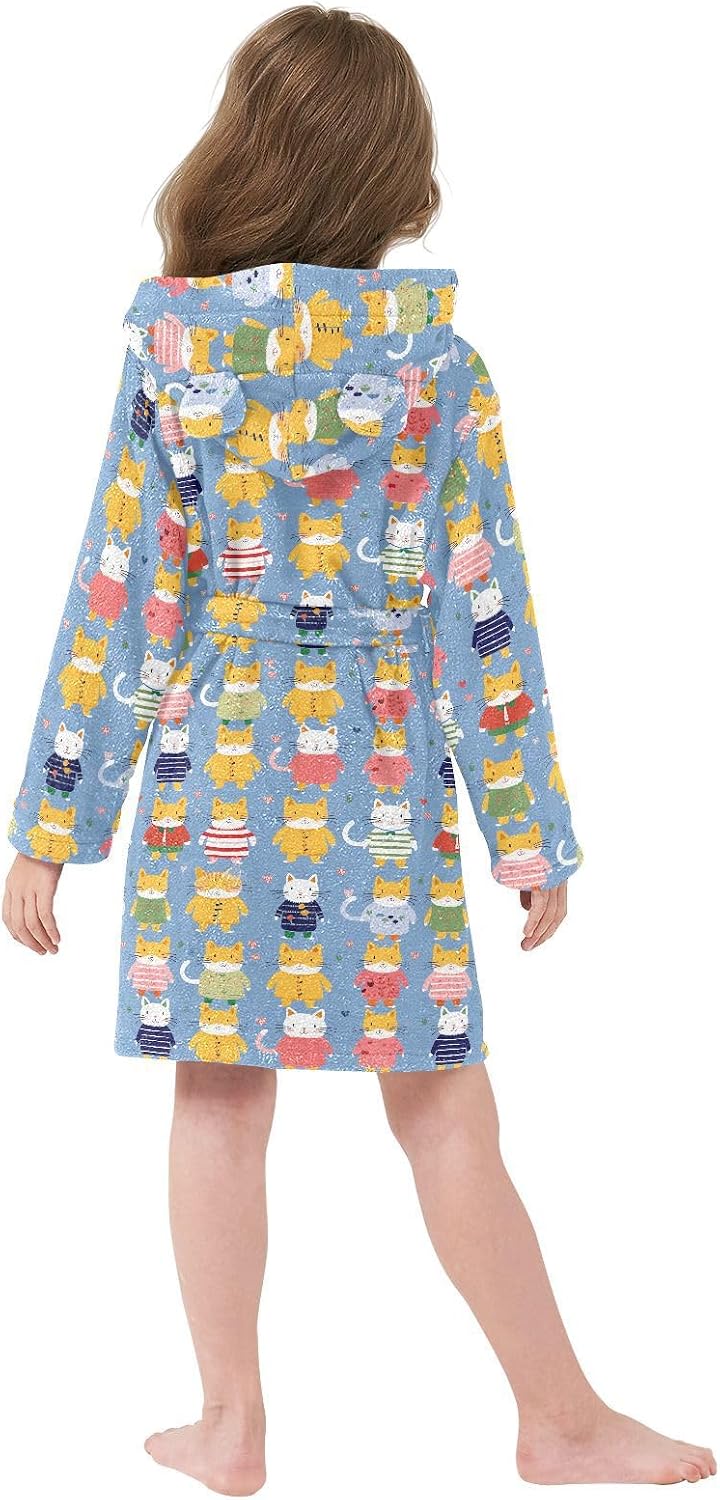 senya Colorful Yellow Cat Toddler Hooded Bathrobe Kids Soft Plush Bath Towel Robes for Boys Girls 2-12 Years