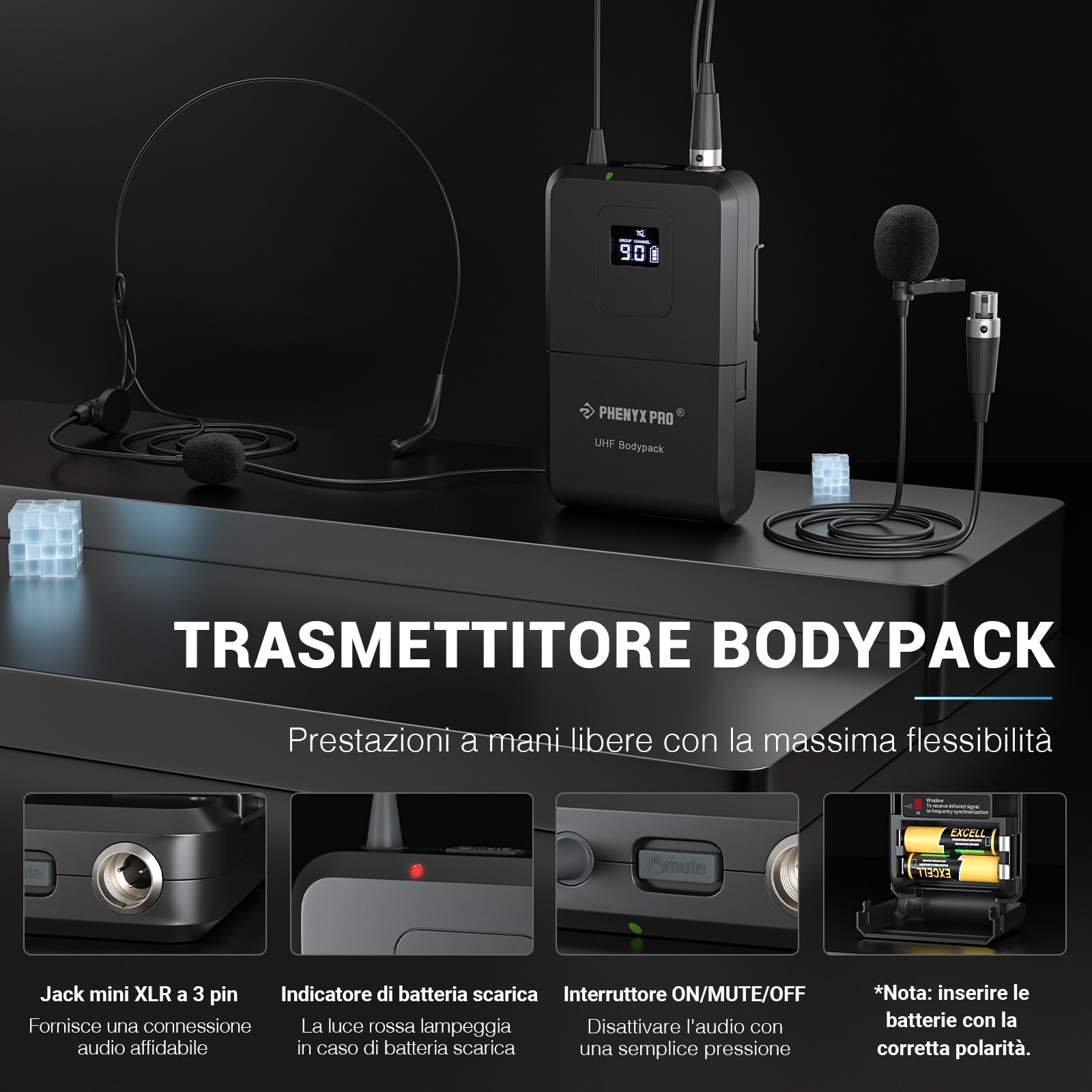 Phenyx Pro Sistema microfono wireless UHF a 4 canali con 4 bodypack, archetto/microfoni da bavero, 4x40 frequenze, scansione automatica, copertura di 328 piedi, per canto, DJ, chiesa (PTU-7000-4B)
