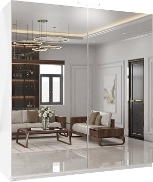 SLIDING WARDROBE 4U Perth Full Mirror Sliding Door Wardrobe with Top LED Light, Freestanding MDF Chipboard Bedroom Closet with Hanging Rails & Shelves White, 150cm