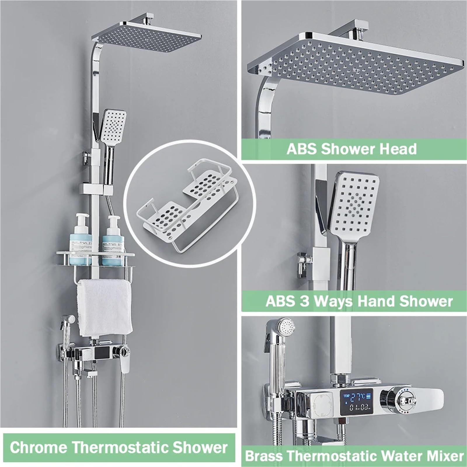 Czarny cyfrowy wyświetlacz termostatyczny kran prysznicowy, 4-drożny termostatyczny bateria łazienkowa z deszczownicą, półką i bateriami bidetowymi (chrom Thermostatic)