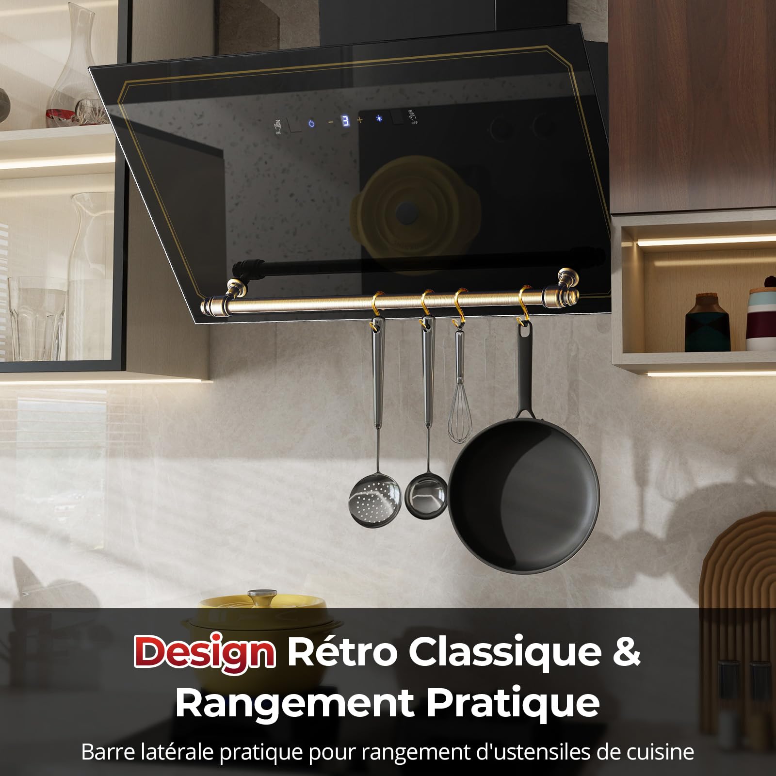 SNDOAS Hotte Aspirante 60 cm, A+++ Hotte Cuisine Silencieuse Inclinée, 450 m³/h, 3 Vitesses + Boost, Évacuation/Recyclage, Filtres à Charbon Inclus, Commandes Tactiles & Gestuelles, Noir/Or