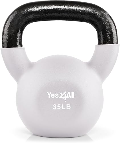 Miniatura 10 de Yes4All Pesas rusas, pesas rusas de hierro fundido recubiertas de neopreno de 5-65 LB, asa de agarre ancho y fondo plano para balanceos, D. 15