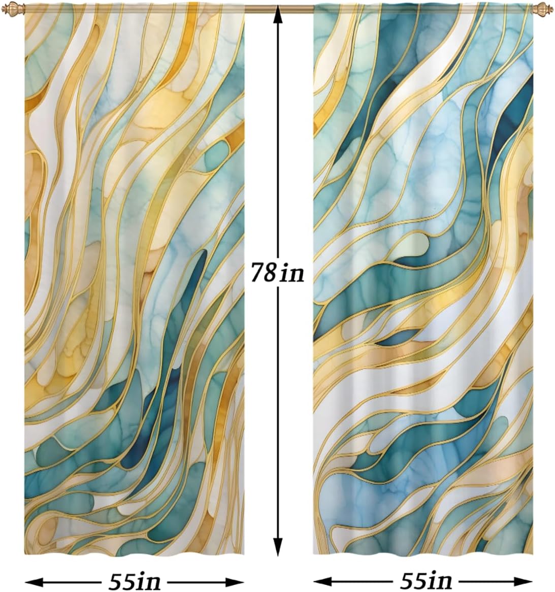Marble Teal Golden Print 78 Inch Long Sheer Curtains for Bedroom and Living Room, Light Filtering Polyester Voile Window Panels with Rod Pocket, Set of 2