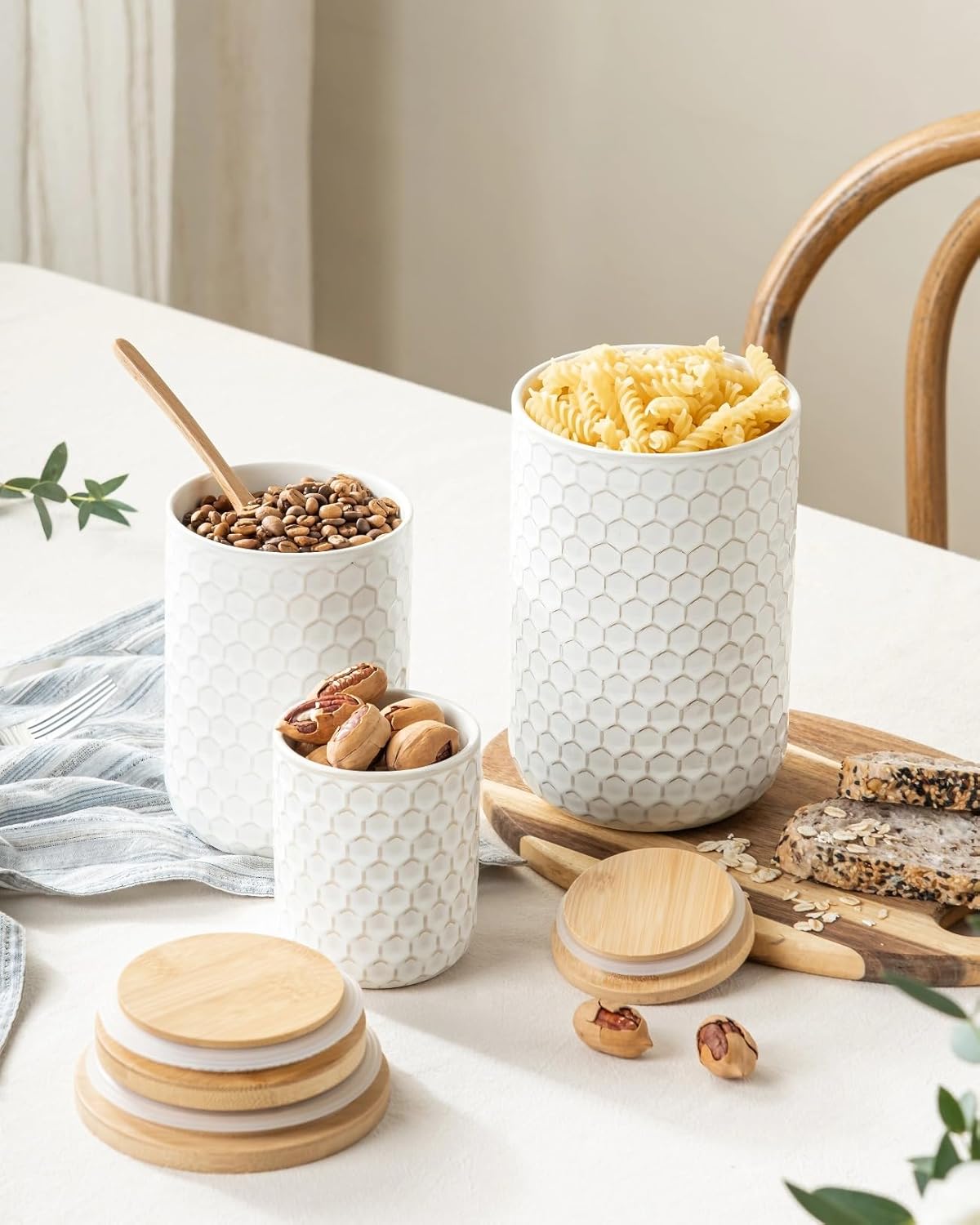 Besmeety Canisters Sets for the Kitchen, Flour Sugar Storage Containers, Ceramic Kitchen Canisters for Countertop with Airtight Lid, 11oz 28oz & 50oz Coffee Tea Sugar Container Set of 3