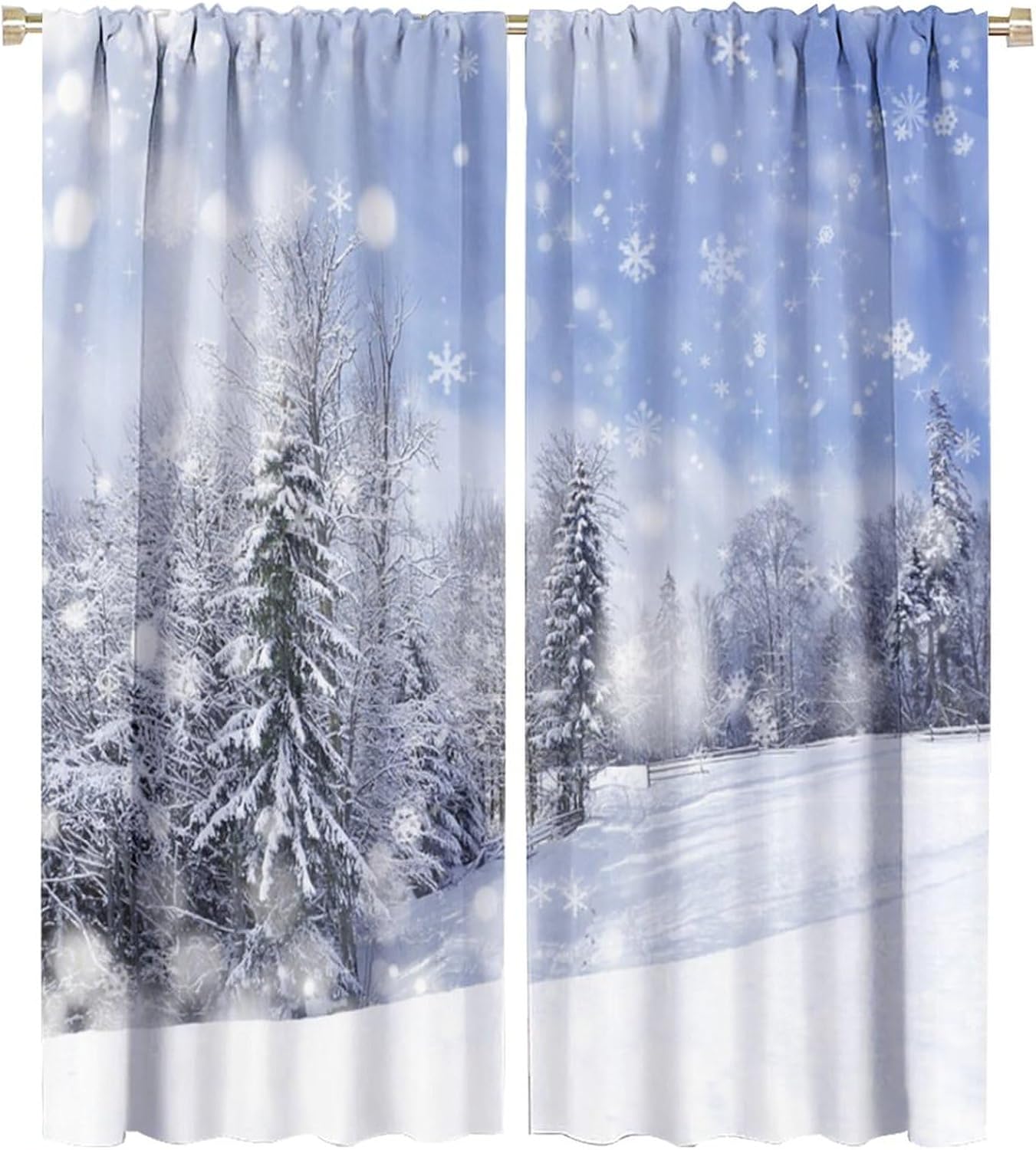 Snowflake Pine Forest Curtains, Winter Xmas Trees for Christmas, Blackout Thermal Insulation Rod Pocket Window Treatments for Living Room Bedroom 42x54 Inch