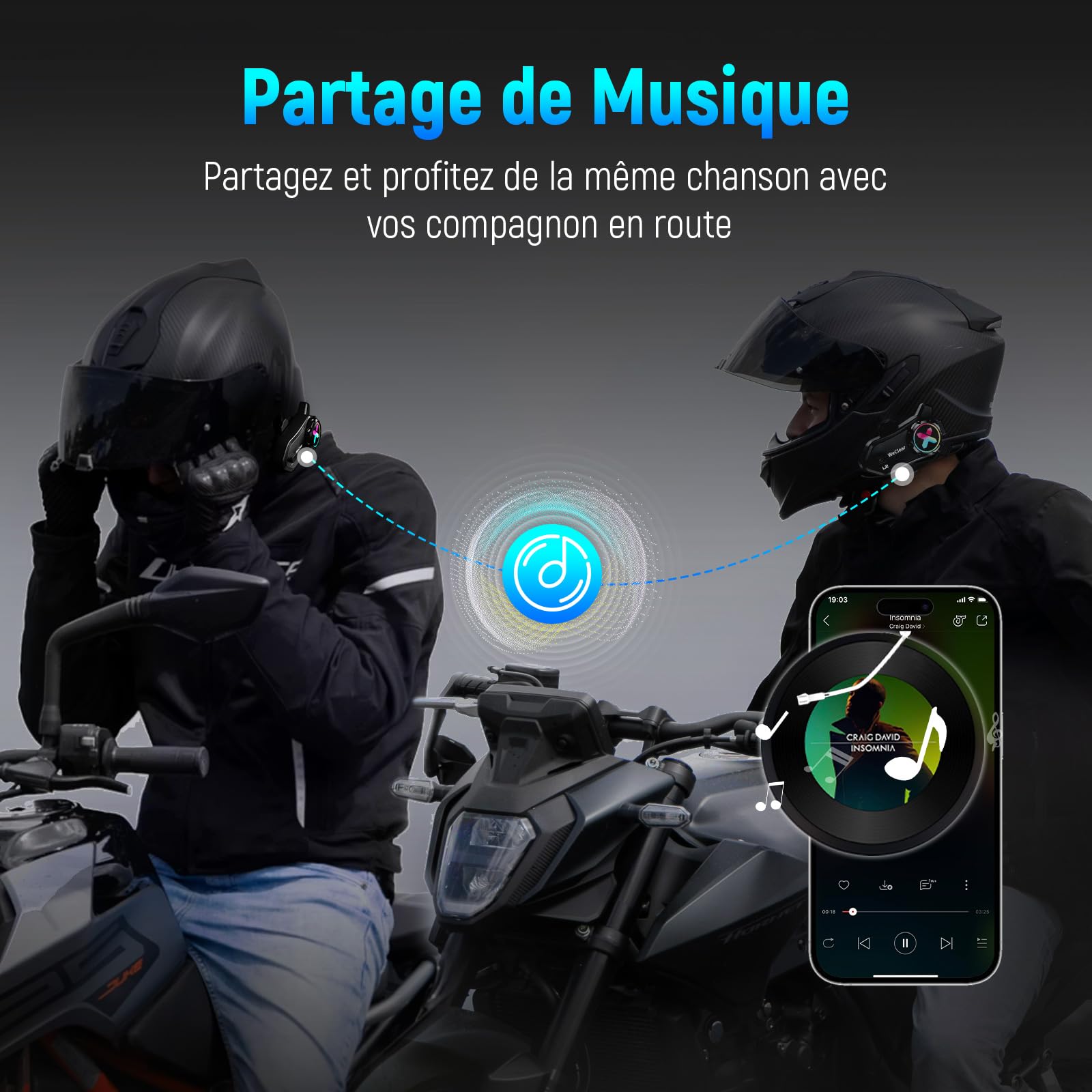 L2 Intercom Moto Bluetooth de 2 Voies, Multitâche Audio/Lumière RGB