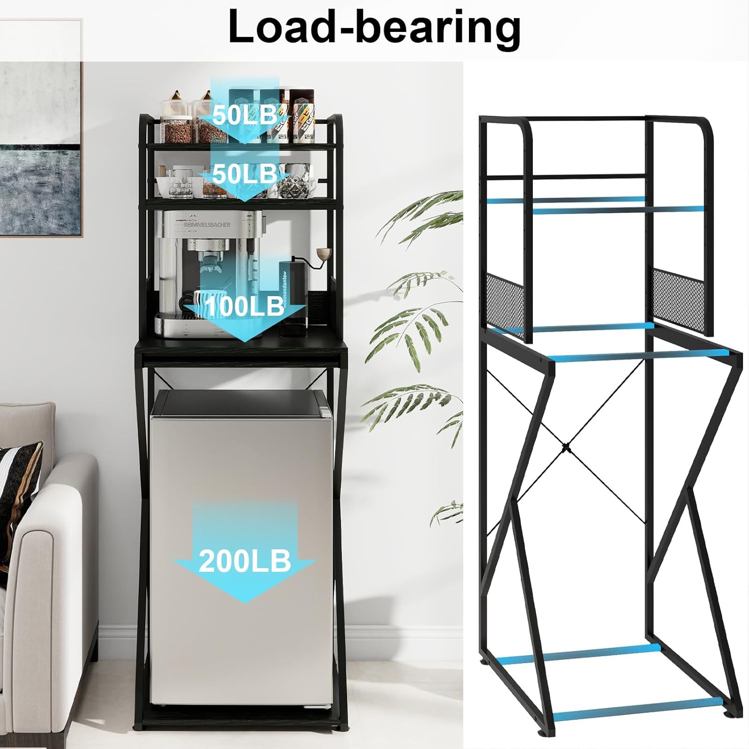 PUNCIA 4-Tier Mini Fridge Stand with Power Outlet and Storage – Free Standing Refrigerator Cabinet Coffee Bar Organizer Microwave Oven Shelf Bakers Rack for Home Office Dorm Pantry Kitchen Apartment
