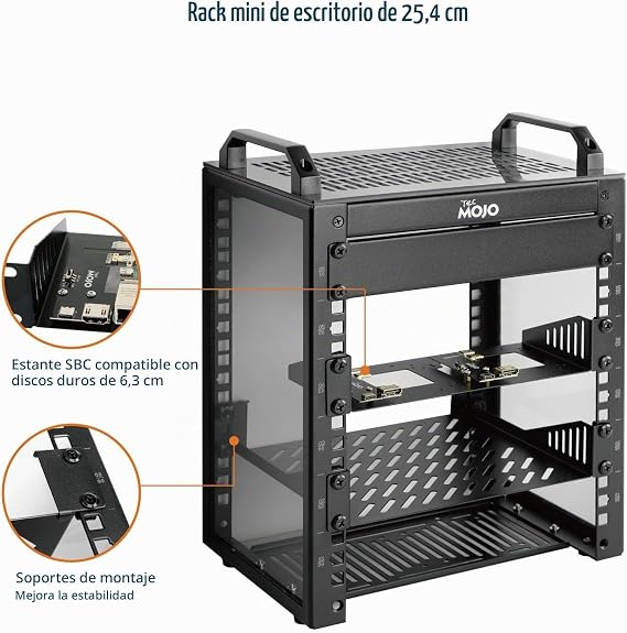 Tecmojo 10 Inch 6U Mini Desktop Rack, 200mm Deep with SBC Tray, Micro HDMI to HDMI Adapter Plate and Blind Cover, for AV Devices, NAS and 10