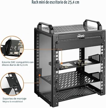 Tecmojo 10 Inch 6U Mini Desktop Rack, 200mm Deep with SBC Tray, Micro HDMI to HDMI Adapter Plate and Blind Cover, for AV Devices, NAS and 10